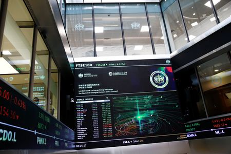 国際金融協会（ＩＩＦ）が２４日公表した暫定的な集計結果によると、外国人による２０２４年の新興国市場投資は２７３５億ドルの流入超過となった。写真はロンドン証券取引所の株価ボード。ロンドンで2019年撮影。（2025年 ロイター/Henry Nicholls/Pool/File Photo）