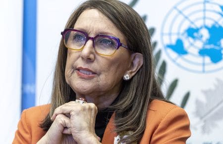 　１２月１５日、国連貿易開発会議（ＵＮＣＴＡＤ）のレベッカ・グリンスパン事務局長（写真）は、スイスの事務局で記者団に対し、来年の食料不足を回避するためのロシア産肥料の輸出緩和協議で進展がありそうだと語った。写真はジュネーブで撮影（２０２２年　ロイター／Denis Balibouse）