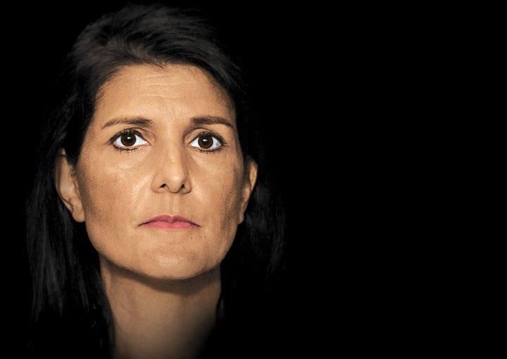 トランプ的な政策を推進しつつ、実務家として有能なヘイリーに期待が集まる　PHOTO ILLUSTRATION BY GLUEKIT; ALBIN LOHR-JONESーPACIFIC PRESSーLIGHTROCKET/GETTY IMAGES