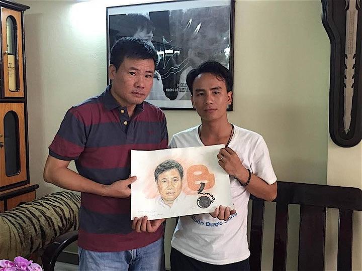 友人のアーティストが描いたイラストでは、ナット氏（左）のブログが拘束されていたが……　(c) Trương Duy Nhất via Facebook