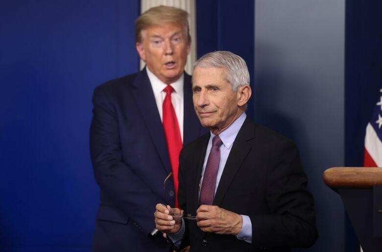 トランプ米大統領は29日、ギリアド・サイエンシズが新型コロナウイルス感染症治験薬「レムデシビル」の臨床試験で有望なデータを得たとするニュースを歓迎すると述べた。写真はトランプ氏と米国立アレルギー・感染症研究所のファウチ所長。22日撮影（2020年　ロイター/JONATHAN ERNST）