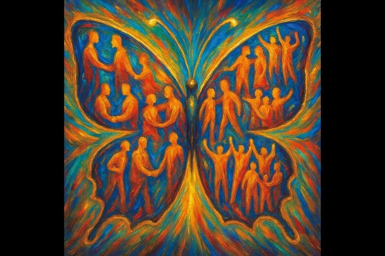 <strong>今回のAIイラスト：</strong>情けの戦略的バタフライ・エフェクトを考えよう　AI GENERATED ART BY NEWSWEEK JAPAN VIA DALL-E3