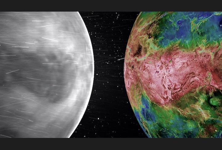 広視野カメラWISPRで撮影された画像（左）と、金星探査機マゼランなどのレーダー観測レーダー観測データに基づいて作成された画像（右）　NASA/APL/NRL/Magellan Team/JPL/USGS