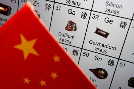 　７月９日、 電池や難燃剤に使われる金属のアンチモンを巡り、中国が米国への出荷を昨年禁止して以来、タイやメキシコを通じて米国に大量に流入していることが税関統計や船舶の出荷記録から判明した。写真は中国の旗と元素の周期表のイメージ。２０２３年７月撮影（２０２５年　ロイター/Florence Lo）