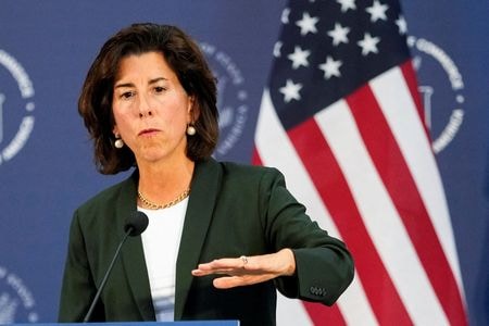 FILE PHOTO: U.S. Secretary of Commerce Gina Raimondo attends a press conference at the Boeing Shanghai Aviation Services near the Shanghai Pudong International Airport, in Shanghai, China August 30, 2023. REUTERS/Aly Song/File Photo