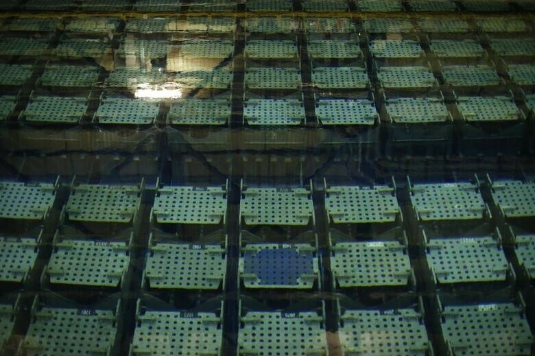 ９月２９日、日立製作所、東芝、三菱重工業の原子炉メーカー３社が原子力発電所で使う燃料事業の統合に向けて調整していることが分かった。年内にも基本合意し、来年春の統合を目指す。写真は燃料プール、２０１５年４月フランスで撮影（２０１６年　ロイター/Benoit Tessier）