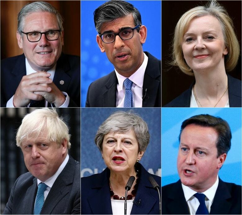 英国の歴代首相の合成写真。上段左からスターマー首相、6月17日、仏トノンレバンで代表撮影。スナク前首相、2024年6月代表撮影。トラス元首相、ロンドンで2022年10月撮影。下段左からジョンソン元首相、ロンドンで2022年9月撮影。メイ元首相、ロンドンで2019年7月撮影。キャメロン元首相、2014年12月、英南部プールで撮影。REUTERS/Isabel Infantes/Pool, Leon Neal/Pool via REUTERS, Toby Melville, Henry Nicholls, Andrew Winning