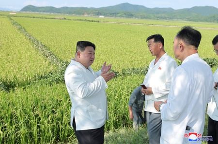 　８月１８日、北朝鮮の金正恩総書記が台風で被害を受けた農地を視察した。写真はＫＣＮＡが１７日に配信。提供写真（２０２３年　ロイター／KCNA）