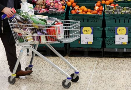 　英国立統計局（ＯＮＳ）が２６日発表した２月の消費者物価指数（ＣＰＩ）は前年比上昇率が２．８％となり、予想以上に鈍化した。写真は、スーパーでショッピングカートを押す人。２０２２年２月、ロンドンで撮影（２０２５年　ロイター/Paul Childs）