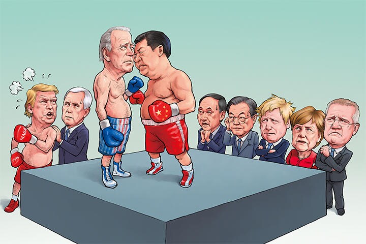 バイデンは対中国で同盟諸国も巻き込んだ戦略を打ち出してくる　ILLUSTRATION BY REBEL PEPPER/WANG LIMING FOR NEWSWEEK JAPAN
