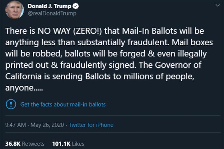 ツイッターは、トランプの投稿直下に青い文字で警告マークと、事実を確認するためのサイトへのリンクを付けた　screenshot/twitter