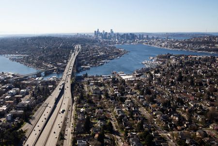 Cars drive on Interstate 5 during the outbreak of coronavirus disease (COVID-19), shown in this aerial photo over Seattle, Washington, U.S. March 16, 2020.  REUTERS/Lindsey Wasson