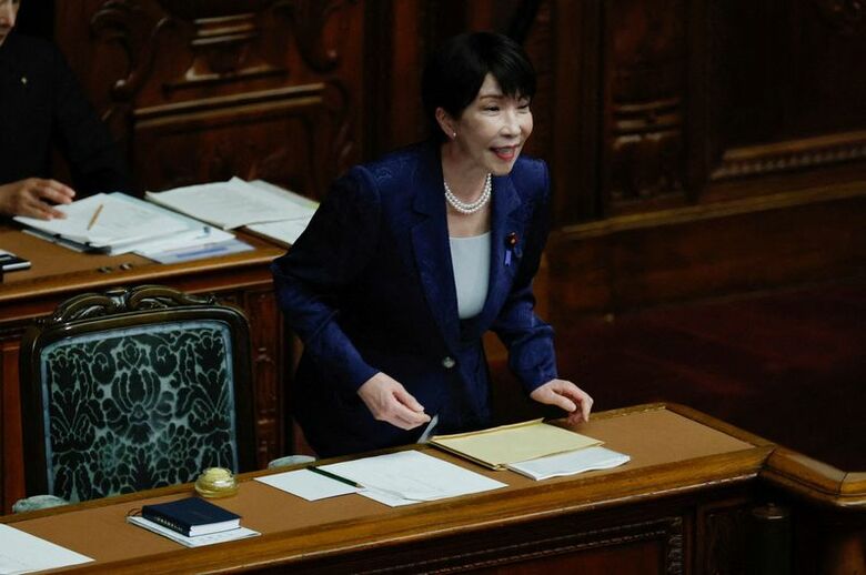 10月5日、国会で所信表明演説を行う高市早苗首相。 REUTERS/Kim Kyung-Hoon
