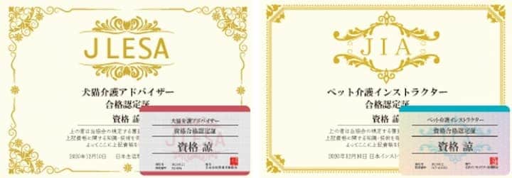 犬猫介護アドバイザーの認定証