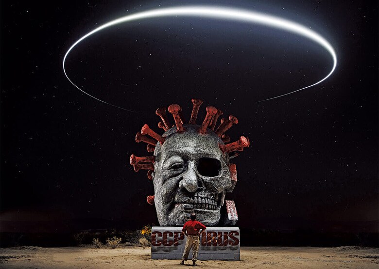 習近平主席を新型ウイルスに見立てた陳維明の作品。陳は命を狙われ、像は何者かに火を放たれた　JONAS YUAN