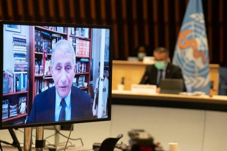 米国立アレルギー感染症研究所のファウチ所長は21日、バイデン新政権が新型コロナウイルスワクチンの公平な供給を目的とした国際的な枠組み「COVAX」への参加を検討していることを明らかにした。WHO会合での所長、提供写真。（2021年　ロイター）