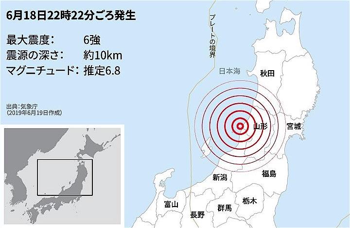 6月18日午後10時22分ごろ、山形県沖を震源とするマグニチュード6．8の地震が発生した。