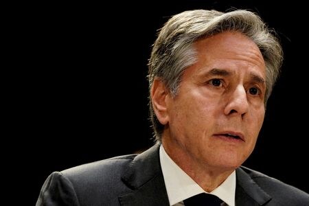 　６月５日、ブリンケン米国務長官は、イスラエルの安全保障とイスラエル・パレスチナ紛争の「２国家解決」に米国が引き続きコミットすることを約束した一方、ユダヤ人入植地の拡大は和平の障害となると述べた。米議会で５月撮影（２０２３年　ロイター／Elizabeth Frantz）