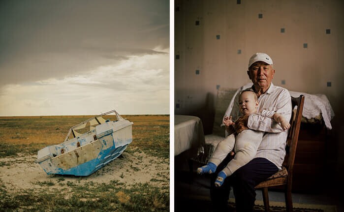 ザナ・ジャンバイとカスピ海を結ぶ荒地に放置された船とアティラウ州ザナ・ジャンバイに暮らすイブラギム・ボザカエフ（68）と生後9カ月の孫