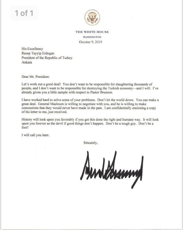 米ホワイトハウスはトランプ大統領がトルコのエルドアン大統領に送った今月９日付の親書を公表した（２０１９年　ロイター/The White House）