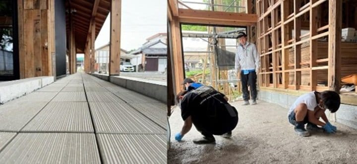 屋外アプローチや外構には、従来焼却・埋め立て処分されていた家庭用廃プラスチックと廃木材を融合させた「revia」を設置。大阪万博で使用されたものを再利用した。土間コンクリートはプロジェクト関係者と地元住民がワークショップで仕上げた。