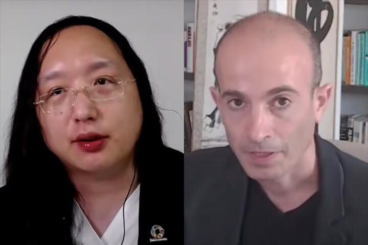 台湾のIT推進大臣オードリー・タン氏（左）と歴史学者ユヴァル・ノア・ハラリ氏（右）　Yuval Noah Harari-YouTube