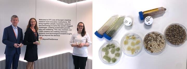 フィンランド国立技術研究センター（VTT）の研究員たちと持続可能な食品のサンプル