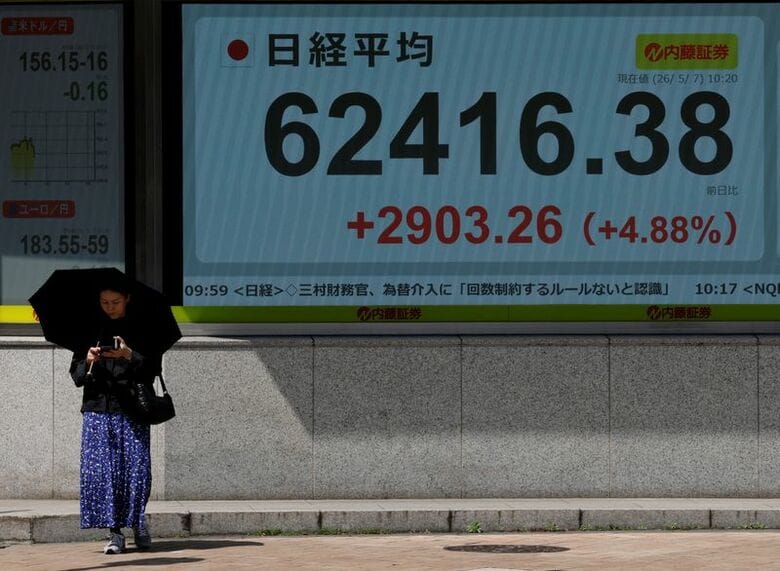 都内の日経平均株価を表示する株価ボードの前に立つ人。5月7日撮影。REUTERS/Kim Kyung-Hoon