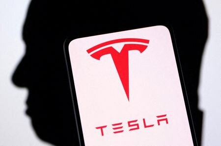 日本の元首相を含むグループが米テスラによる日産自動車への出資計画を策定したと、英紙フィナンシャル・タイムズが２月２１日報じた。写真はイーロン・マスク氏のシルエットイメージとテスラのロゴ。２０２２年１２月撮影（２０２５年　ロイター/Dado Ruvic）