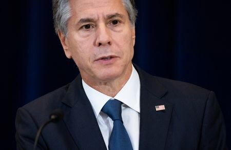 　国連安全保障理事会で９月３０日、ロシアのプーチン大統領がウクライナ東・南部４州の併合を宣言したことを非難する決議案がロシアの拒否権行使により否決された。写真は、決議案を提出した米国のブリンケン国務長官。９月２７日、ワシントンで代表撮影（２０２２年　ロイター）