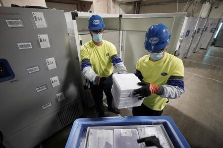 米ファイザーと独ビオンテックは、生後６カ月から５歳未満の子どもを対象とした新型コロナウイルスワクチンの緊急使用許可（ＥＵＡ）を２月１日に米食品医薬品局（ＦＤＡ）に申請する見通し。資料写真、ワクチン出荷作業、米ミシガン州、２０２０年１２月、代表撮影（２０２２年　ロイター）