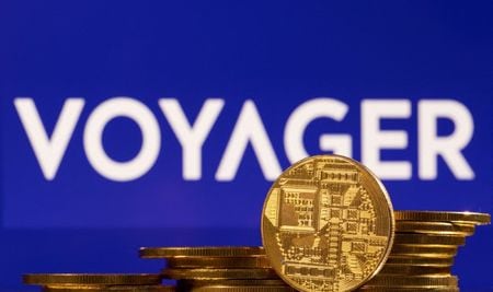 １２月１９日、 暗号資産（仮想通貨）貸出業務を手がけ、７月に破産法の適用を申請したボイジャー・デジタルは、仮想通貨交換業者バイナンスＵＳに資産を売却すると発表した。写真はボイジャーのロゴと仮想通貨のイメージ。７月撮影（２０２２年　ロイター/Dado Ruvic）