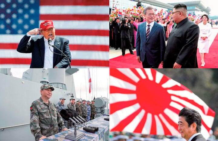 （左上から反時計回りに）トランプの暴走、中国の台頭、安倍政権、南北朝鮮の接近──全て地政学的変化の結果であり要因でもある　RALPH FRESO/GETTY IMAGES, PYEONGYANG PRESS CORPS-POOL-REUTERS, LI GANG-XINHUA/AFLO, KIM KYUNG-HOON-REUTERS