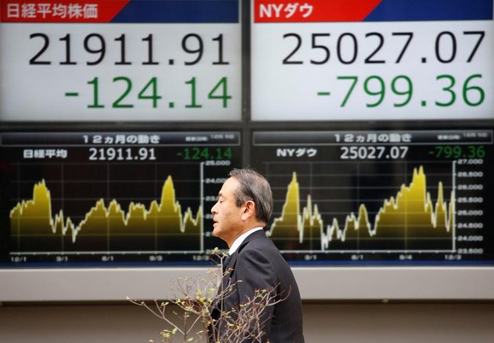 日経平均とNYダウを並べて表示した株価ボード（12月5日）　Issei Kato-REUTERS