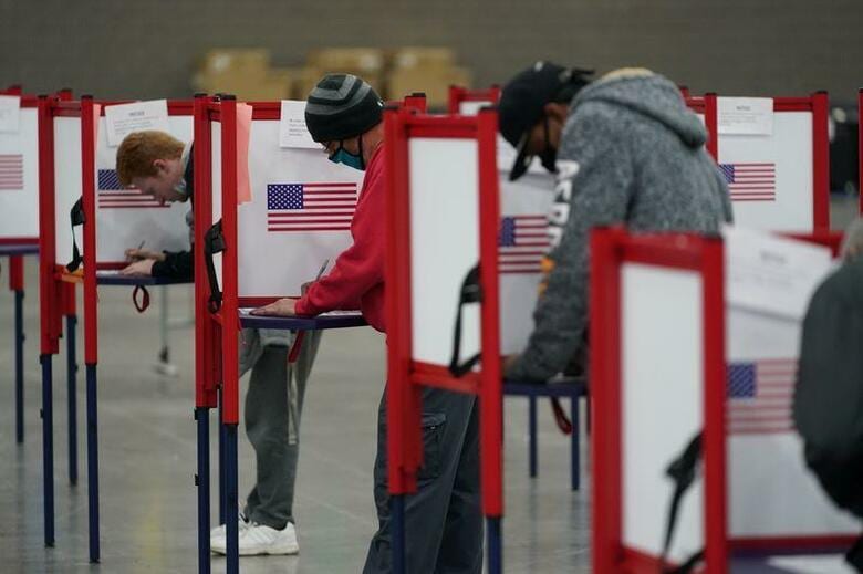 米大統領選は3日、東部州から順次投票が始まった。米社会の分断が進み、新型コロナウイルス感染が再び拡大する中、再選を目指す現職のトランプ大統領（74）と民主党のバイデン前副大統領（77）が対決する。ケンタッキー州ルイビルで3日撮影（2020年　ロイター/BRYAN WOOLSTON）