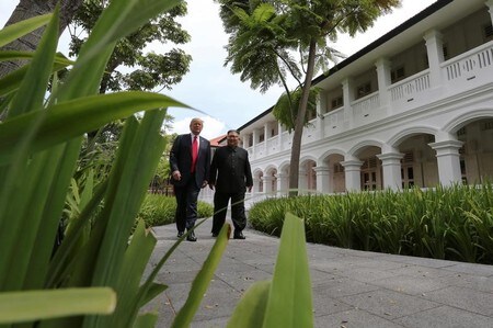 　７月１７日、米政府は、１９５０年代の朝鮮戦争で死亡した米兵の遺骨に関して、北朝鮮側がまず５０柱程度を２週間以内に米国に引き渡すことを望んでいる。写真は会談中、散歩するトランプ大統領（左）と金朝鮮労働党委員長（右）。６月にシンガポールで撮影（２０１８年　ロイター／Jonathan Ernst）