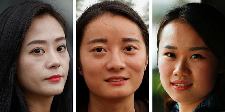 写真は左からZheng Yueさん、Qi Jingさん、Zhang Weixuanさん。成都と武漢、北京で９月撮影（２０１７年　ロイター/John Ruwitch/Thomas Peter）