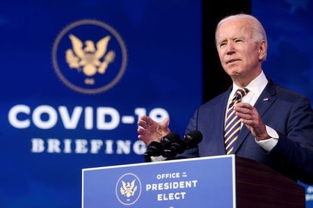 　２月２７日　米下院は１兆９０００億ドル規模の新型コロナウイルス対策法案を未明に可決した。写真は２０２０年１２月、次期大統領として新型コロナウイルス対策について演説するバイデン氏。デラウェア州ウィルミントンで撮影（２０２１年　ロイター/Jonathan Ernst）