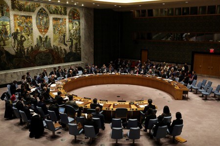 　１２月２２日、国連安全保障理事会（写真）は、北朝鮮が１１月に新型大陸間弾道ミサイル（ＩＣＢＭ）を発射したことを受け、同国に対する追加制裁決議案を全会一致で採択した。米ニューヨークで撮影（２０１７年　ロイター/Amr Alfiky）