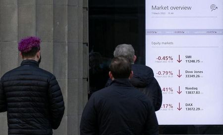 　米欧の株式市場で７日、銀行株が大きく売り込まれた。写真はチューリヒで同日、マーケット情報を見る人たち（２０２２年　ロイター／Arnd Wiegmann）