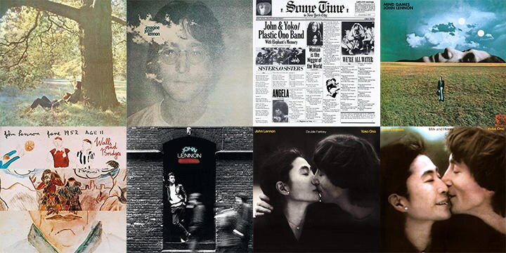 上段左から『ジョンの魂』、『イマジン』、『サムタイム・イン・ニューヨーク・シティ』、『マインド・ゲームス』。下段左から『心の壁、愛の橋』、『ロックン・ロール』、『ダブル・ファンダジー』、『ミルク・アンド・ハニー』　APPLE（6）, CAPITOL（2）