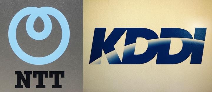 NTT<9432.T>とKDDI<9433.T>は11日、社会的課題の解決に向けて連携すると発表した。写真は両者のロゴマーク　REUTERS/Issei Kato