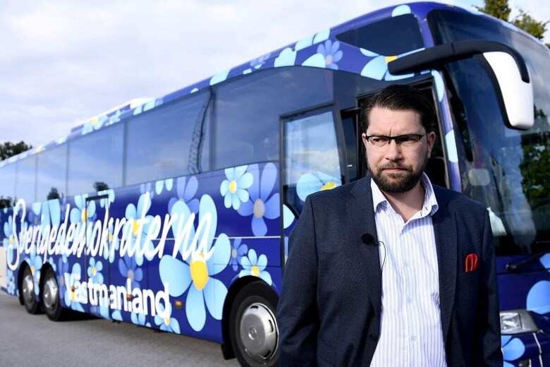 選挙集会に出席するスウェーデン民主党のオーケソン党首（9月7日）　Tim Aro/TT News Agency/via REUTERS