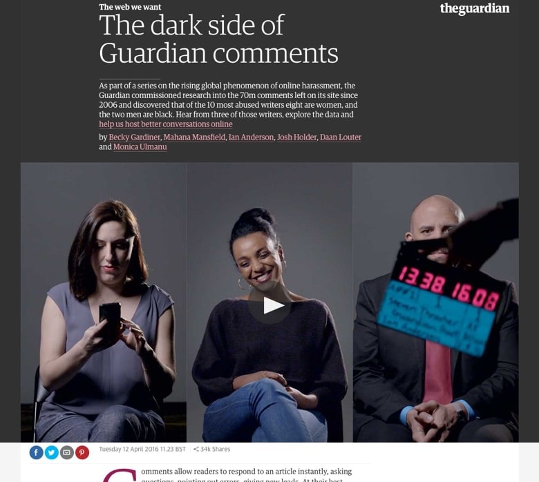 ガーディアンのサイトに書き込まれてきたコメントの総数は7000万件を超え、そのうち2%が不適切なものとしてブロックされていた