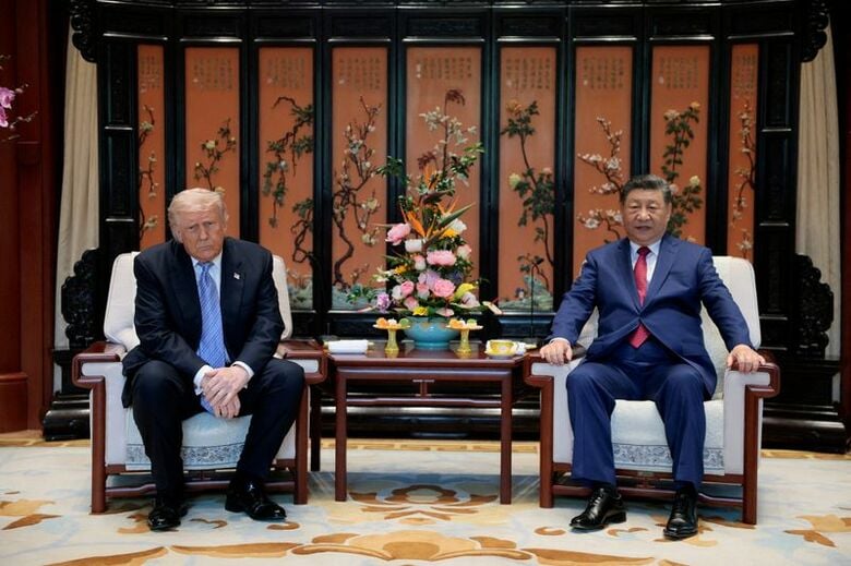 5月15日、北京で会談する中国の習近平国家主席とトランプ米大統領。代表撮影。 REUTERS
