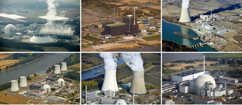 ６月１２日、独ミュルハイム・ケールリッヒ原子力発電所のトーマス・フォルマール所長は、自分の職場をどう解体するかに知恵を絞っている。最善策は、人間を排除することだという。写真は１９８０年以前に操業開始したドイツの原発の組み合わせ写真（２０１７年　ロイター）