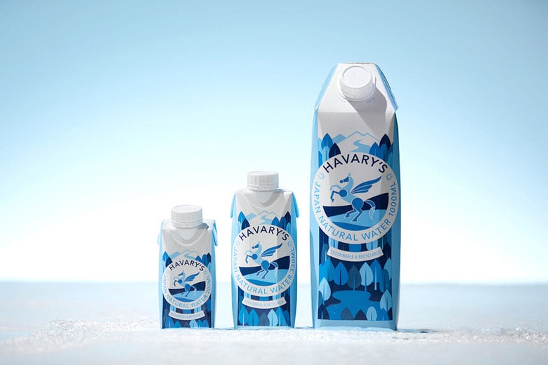 再生可能な紙容器を使用。3サイズ展開のハバリーズジャパンナチュラルウォーター（左から200mL,330mL,1000mL）