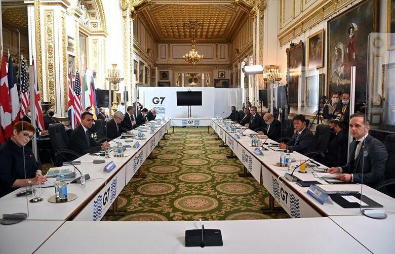 G7外相会合は共同声明を採択し、中国、ロシア、新型コロナウイルスのパンデミックが現在の最大の脅威と指摘した。写真は5日、ロンドンで撮影（2021年　ロイター／Ben Stansall/Pool via REUTERS）