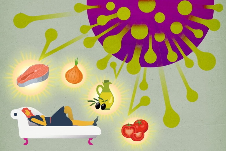 さまざまな野菜と魚介類を組み合わせた食事は体に優しいとされる　PHOTO ILLUSTRATION BY YUKAKO NUMAZAWAｰNEWSWEEK JAPAN; SOURCE ILLUSTRATIONS: PILLI/ISTOCK, IULIIA KANIVETS/ISTOCK, TENNY TENG/ISTOCK, IRINA MIRONOVA/ISTOCK (2)