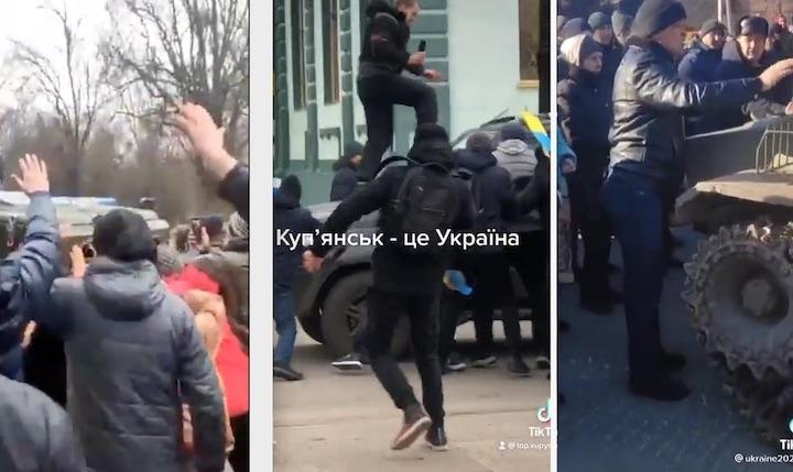 ロシアの軍用車両に立ち向かうウクライナ各地の人々　　YouTube